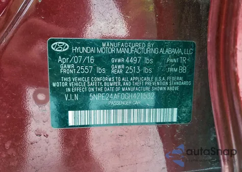 2016 Hyundai Sonata Se z USA, uszkodzony, nr VIN 5NPE24AF0GH421532